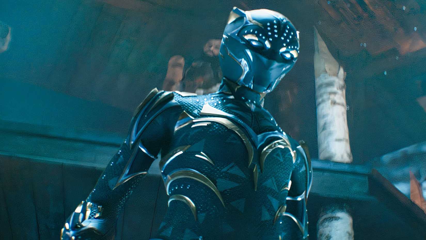 Princess Shuri (Letitia Wright) dons the Black Panther suit in Black Panther: Wakanda Forever.