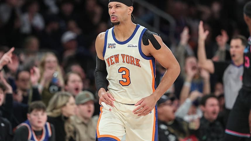 Knicks guard Josh Hart reacts after a basket against the Miami Heat
