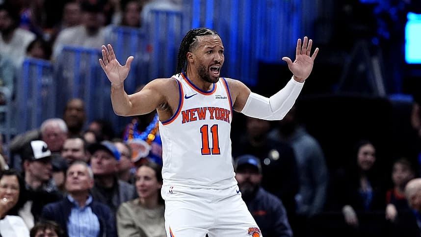 Knicks guard Jalen Brunson reacts during a Denver game