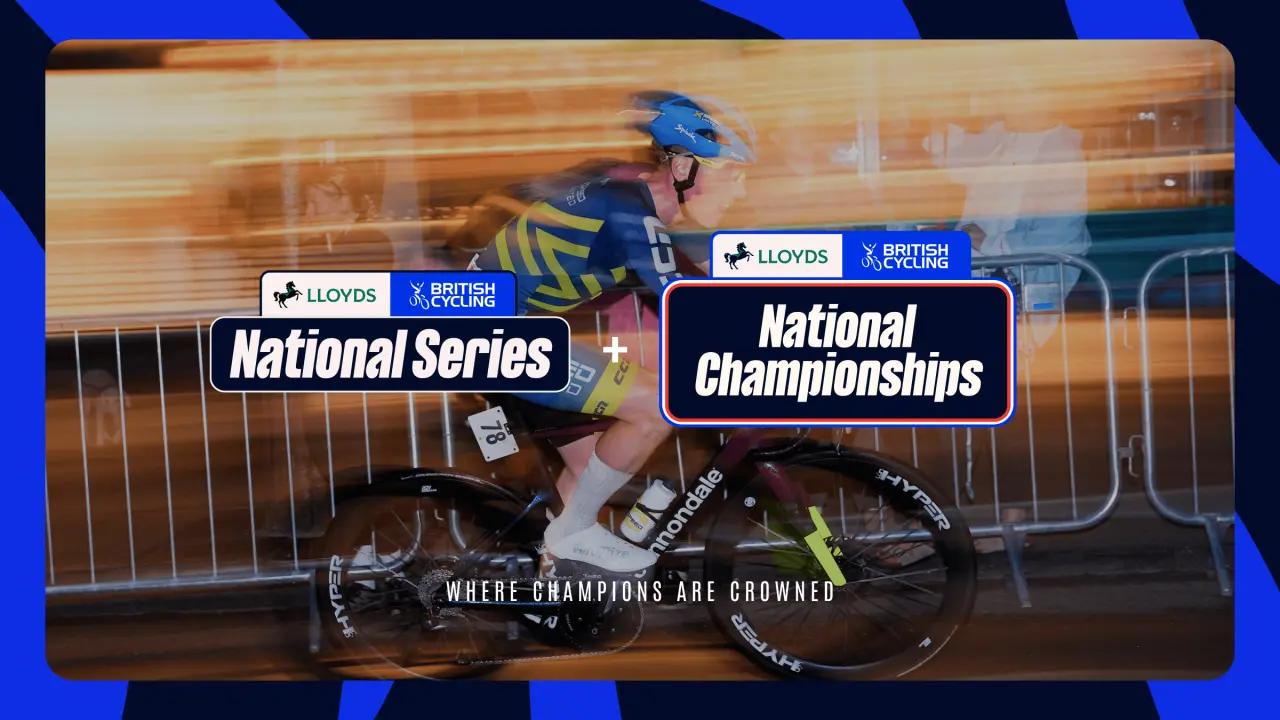 Cyclist in blue helmet and dark kit riding track bike at speed with National Series and National Championships logos featuring Lloyds and British Cycling branding on barrier behind