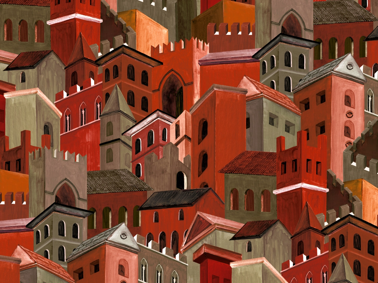 Densely packed illustration of red and terracotta Italian medieval buildings with arched windows and crenellated rooflines in Sarah Martinon's Città di Castello design