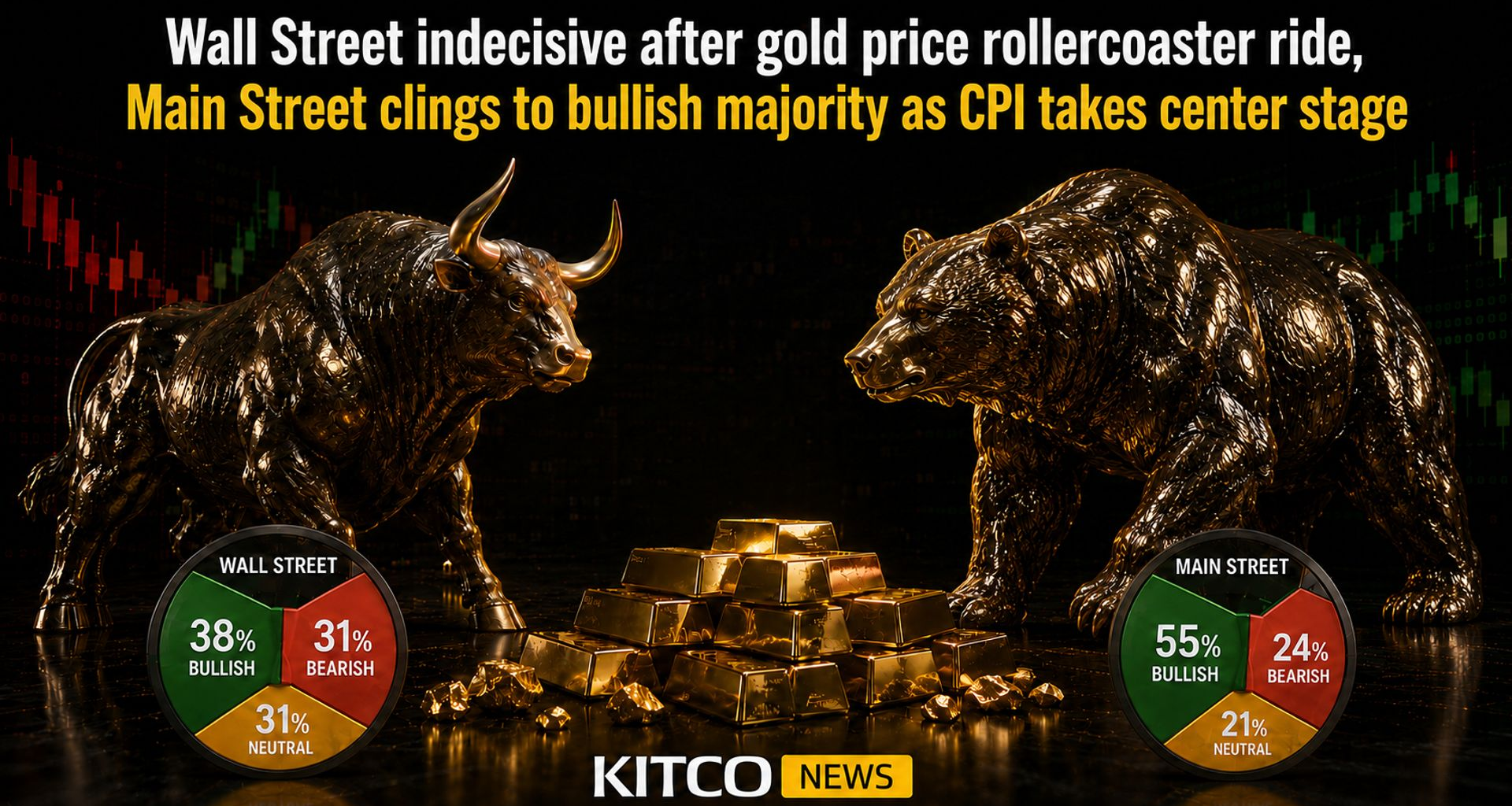 Wall Street indecisive after gold price rollercoaster ride, Main Street clings to bullish majority as CPI takes center stage