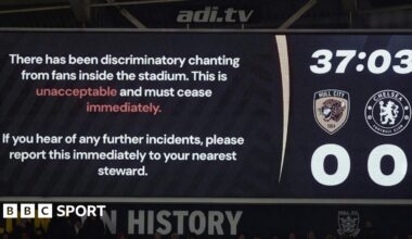 A message is shown at Hull City's stadium calling for discriminatory chanting to stop