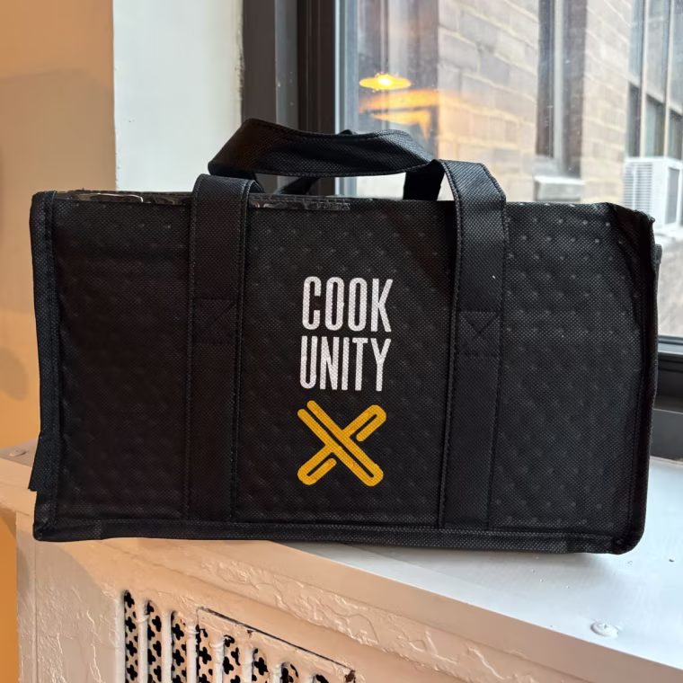 Black Cookunity bag on counter