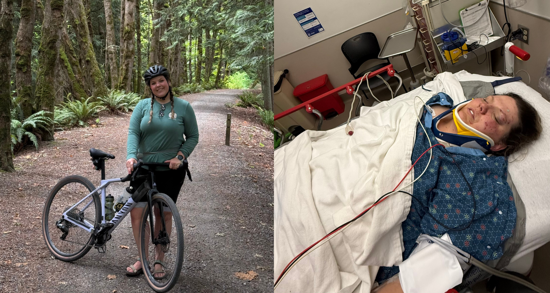 composite image of healthy woman standing on trail with bike next to an image of the same woman in hospital bed with neck brace and severely injured
