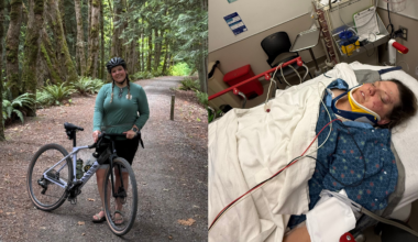 composite image of healthy woman standing on trail with bike next to an image of the same woman in hospital bed with neck brace and severely injured