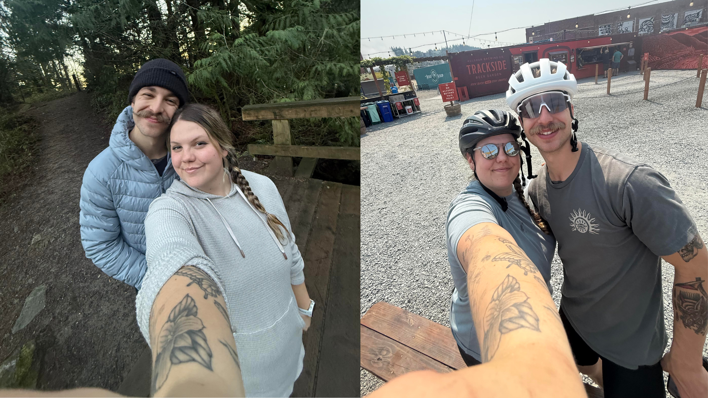 composite image of two selfies of the same couple, both outside, one with both in cycling helmets