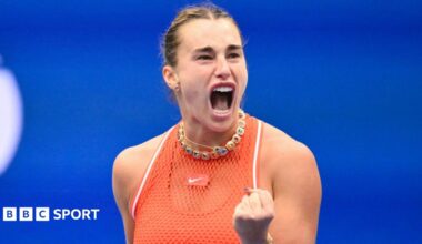 Aryna Sabalenka celebrates during her fourth-round match at the US Open