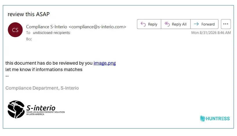 The malicious email pointing to the first stage downloader for DarkMe (Source: Huntress) DarkMe RAT phishing email corporate targets