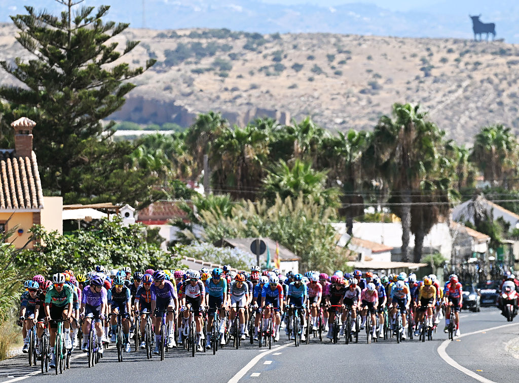 VELEZ-MALAGA​, SPAIN - SEPTEMBER 11: A general view of the peloton competing during the La Vuelta - 81st Tour of Spain 2026, Stage 19 a 210.8km stage from Velez-Malaga to Pe&ntilde;as Blancas. Estepona 1274m / #UCIWT / on September 11, 2026 in Velez-Malaga, Spain. (Photo by Tim de Waele/Getty Images)
