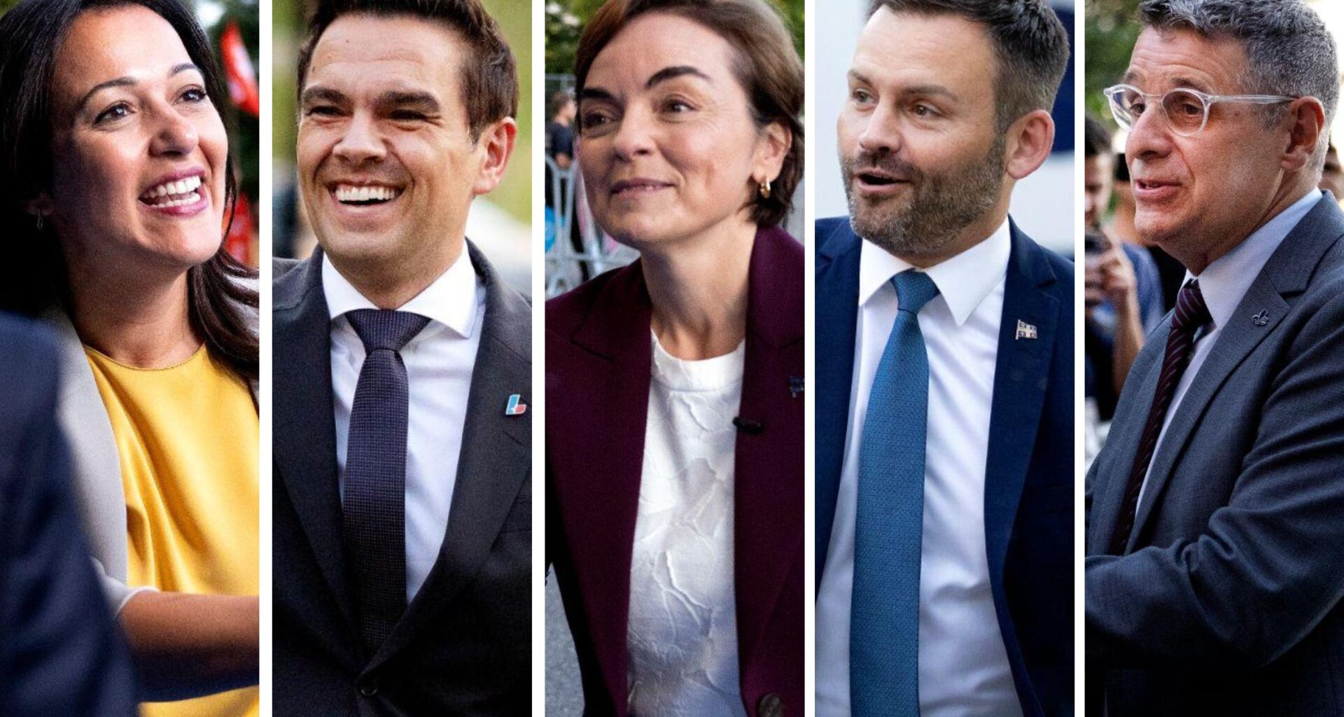 Five photos show smiling party leaders outside.