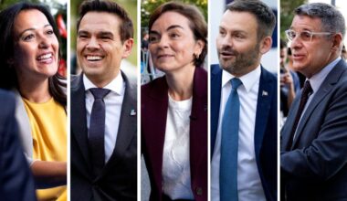 Five photos show smiling party leaders outside.
