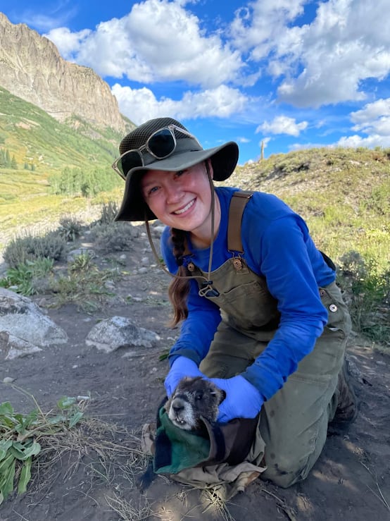 A woman in overalls and an expedition hat kneels outside with her hands around a marmot.
