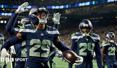 Josh Jobe celebrates after making an interception for the Seattle Seahawks against the New England Patriots