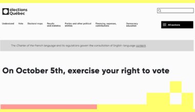 Screenshot of the Elections Quebec website with a grey bar that says The Charter of the French language and its regulations govern the consultation of English-language content.