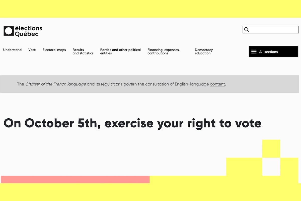 Screenshot of the Elections Quebec website with a grey bar that says The Charter of the French language and its regulations govern the consultation of English-language content.