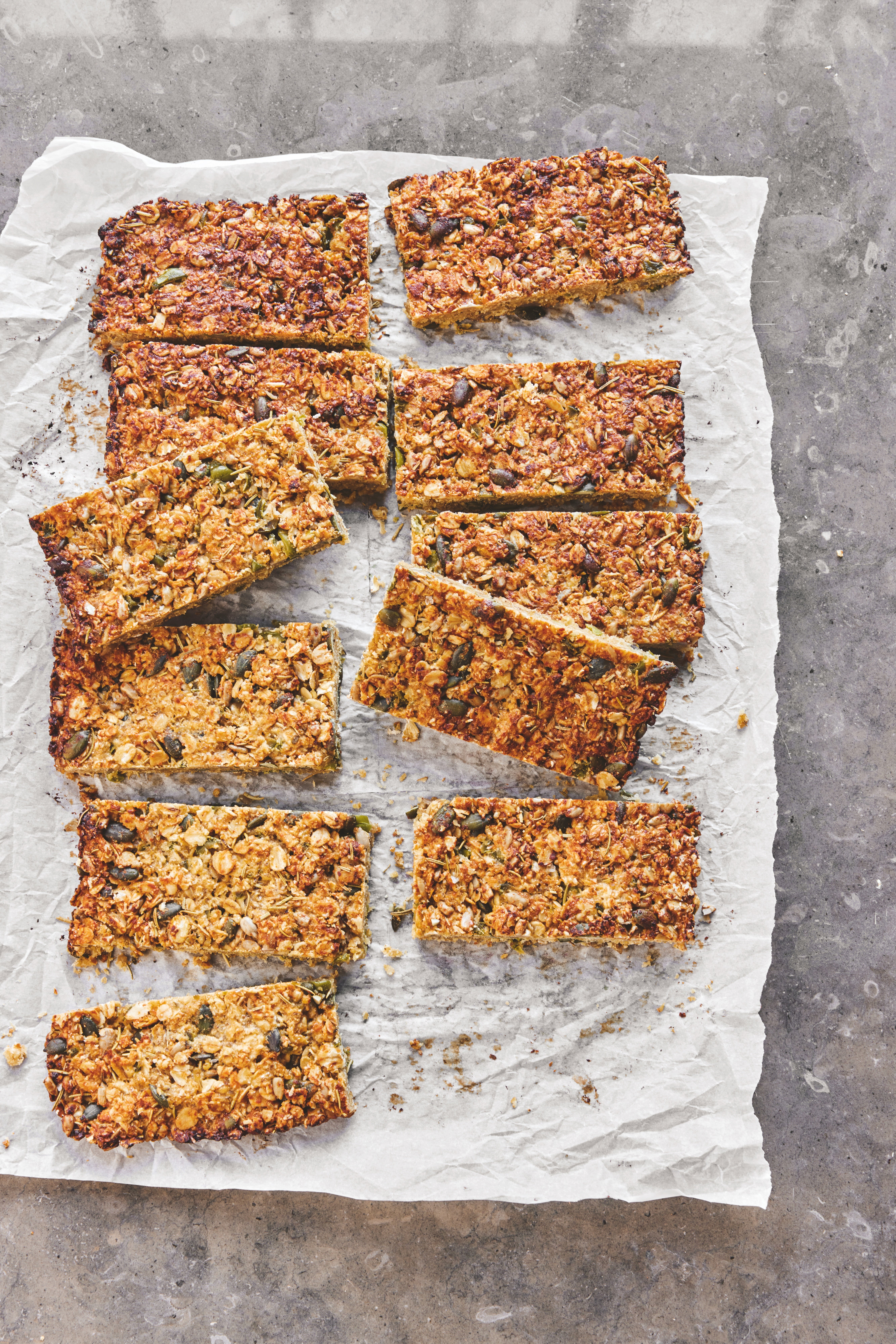 Granola, but make it savoury – these bars are packed with Parmesan, olives and seeds for a snack that actually satisfies