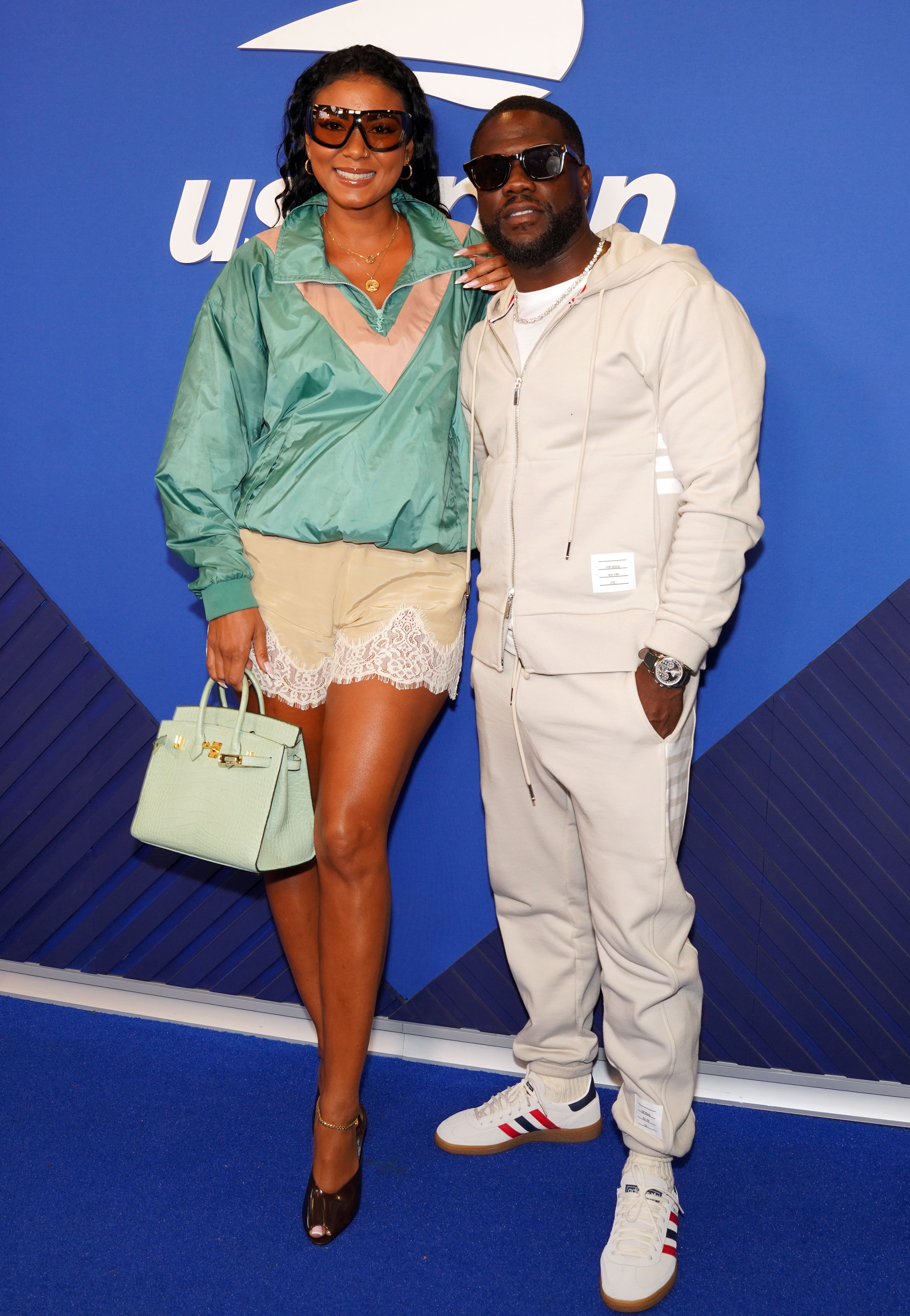 Eniko Hart and Kevin Hart on the blue carpet at the 2026 US Open.