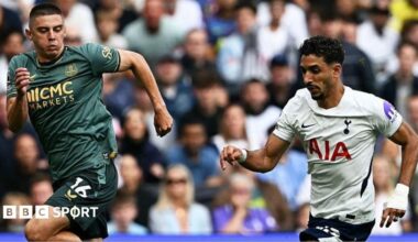 Everton's Vitalii Mykolenko in a race for possession with Spurs forward Omar Marmoush in the Premier League game at Tottenham Hotspur Stadium.