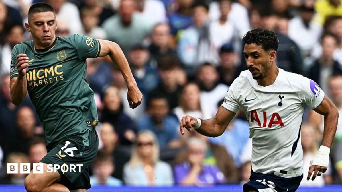 Everton's Vitalii Mykolenko in a race for possession with Spurs forward Omar Marmoush in the Premier League game at Tottenham Hotspur Stadium.