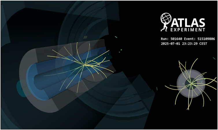 A diagram showing two particles colliding and sending off a shower of other particles in an underground tunnel.