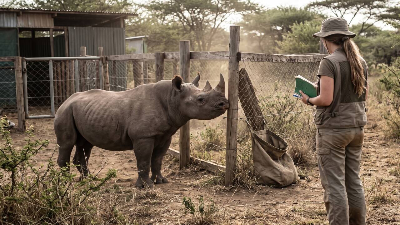 An AI-generated image showing a conservation worker monitoring a young black rhino inside a protected sanctuary in Kenya, reflecting the hands-on work that helped establish Lewa’s rhino recovery programme. Credits - Google Gemini Gemini_Generated_Image_j3grc2j3grc2j3gr
