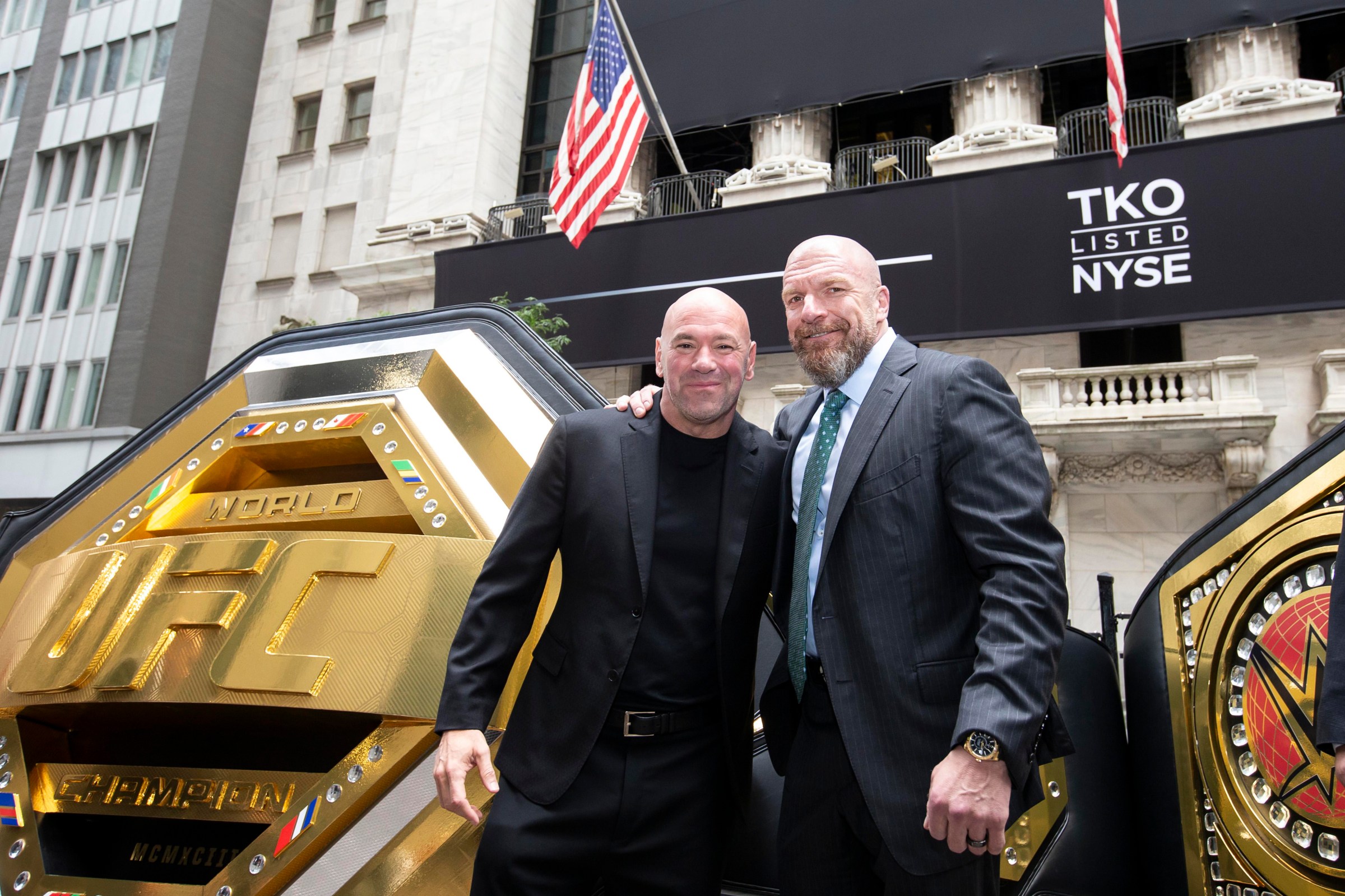 NEW YORK, NEW YORK - SEPTEMBER 12: (L-R) UFC CEO Dana White and WWE Chief Content Officer Paul Levesque pose outside the New York Stock Exchange during the TKO Group Holdings’ listing on September 12, 2023 in New York City. (Photo by Michelle Farsi/Zuffa LLC)