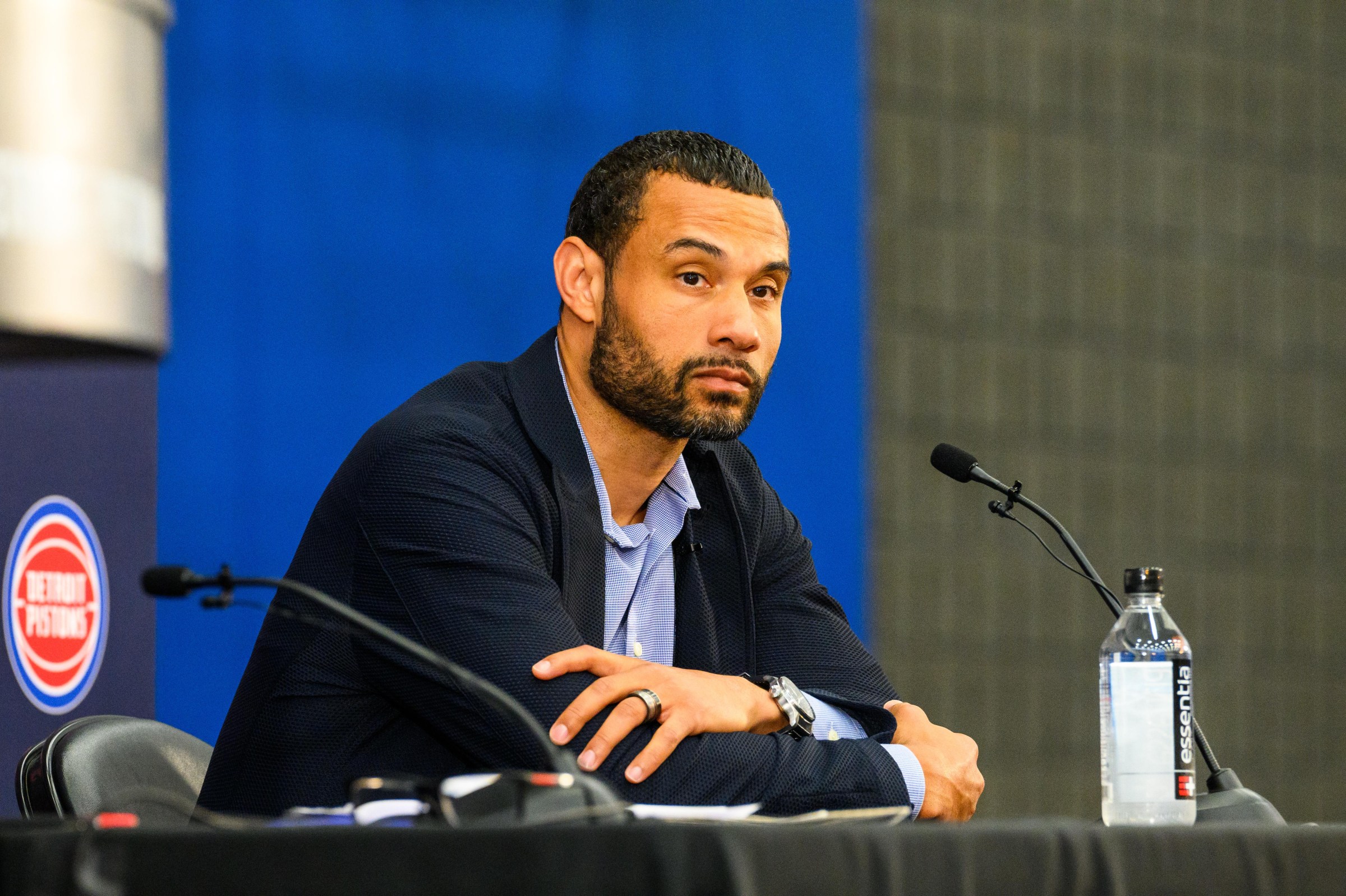 DETROIT, MI - JUNE 21: New president of basketball operations Trajan Langdon of the Detroit Pistons looks on during the press conference on June 21, 2024 in Detroit, Michigan. NOTE TO USER: User expressly acknowledges and agrees that, by downloading and or using this photograph, User is consenting to the terms and conditions of the Getty Images License Agreement. Mandatory Copyright Notice: Copyright 2024 NBAE (Photo by Chris Schwegler/NBAE via Getty Images)