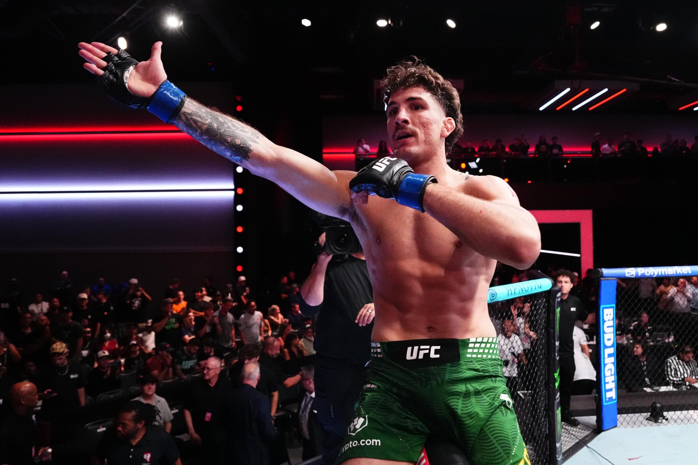 LAS VEGAS, NEVADA - AUGUST 08: Quillan Salkilld of Australia reacts after a submission victory against Mateusz Gamrot of Poland in a lightweight fight during the UFC Fight Night event at Meta APEX on August 08, 2026 in Las Vegas, Nevada. (Photo by Jeff Bottari/Zuffa LLC)