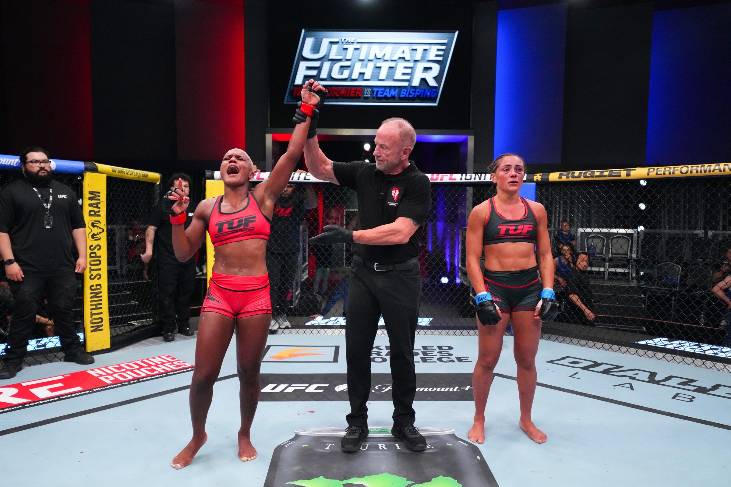 LAS VEGAS, NEVADA - MAY 12: (L-R) Valesca Machado reacts after her victory over Delphine Benouaich in their strawweight fight during the filming of The Ultimate Fighter season 34 at Meta APEX on May 12, 2026 in Las Vegas, Nevada. (Photo by Chris Unger/Zuffa LLC)