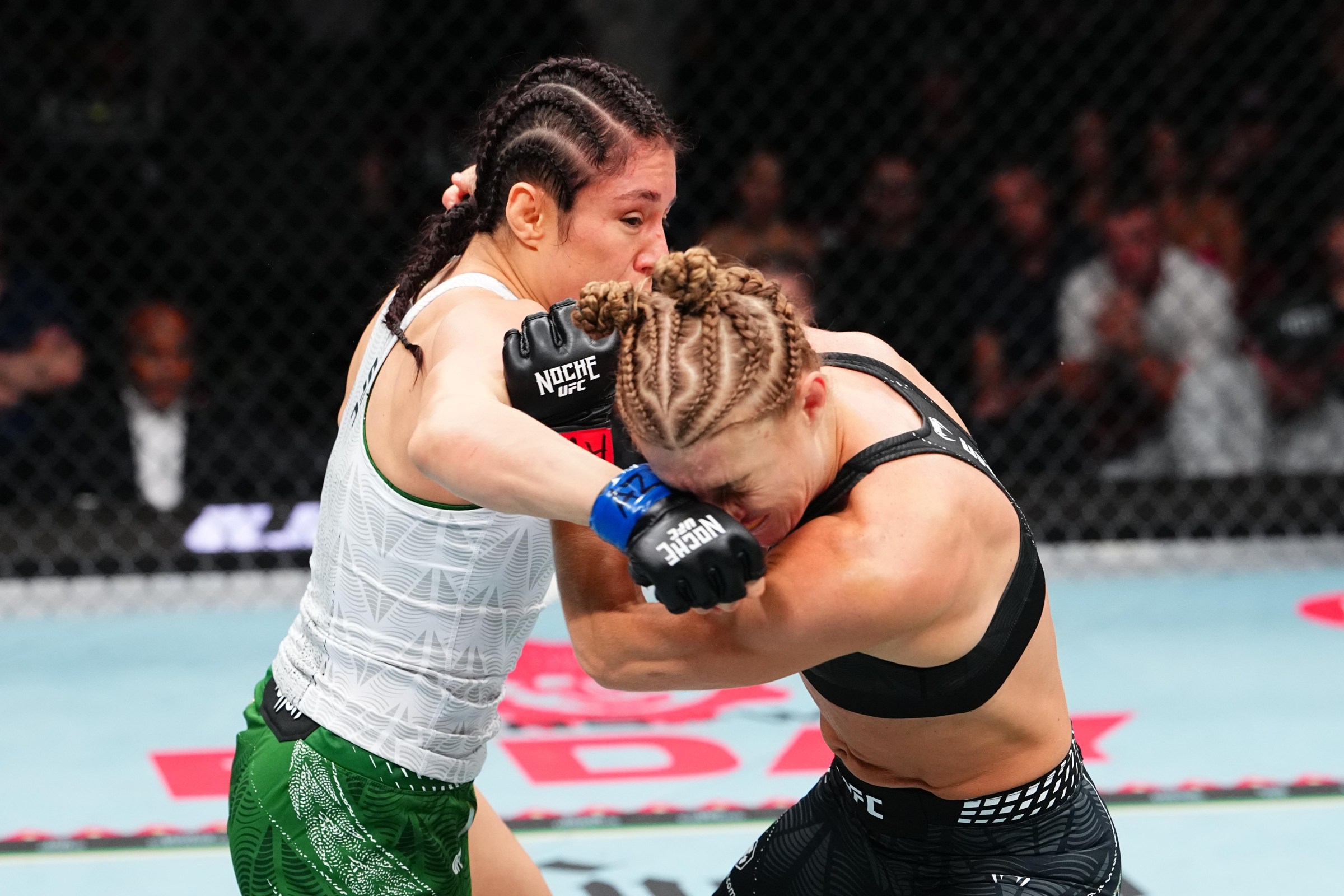 GLENDALE, ARIZONA - SEPTEMBER 12: (L-R) Alexa Grasso of Mexico punches Manon Fiorot of France in their women’s flyweight fight during the Noche UFC event at Desert Diamond Arena on September 12, 2026 in Glendale, Arizona. (Photo by Jeff Bottari/Zuffa LLC)