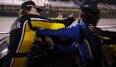 Carson Hocevar, driver of the #77 Zeigler Auto Group Chevrolet, (L) and Ryan Blaney, driver of the #12 WABASH Ford, get into an altercation after the NASCAR Cup Series Bass Pro Shops Night Race at Bristol Motor Speedway on September 19, 2026 in Bristol, Tennessee. (Photo by Chris Graythen/Getty Images for NASCAR)