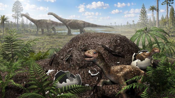 Titanosaur hatchlings emerging from a nest in the Cretaceous of Patagonia, Argentina. Image credit: Masato Hattori.