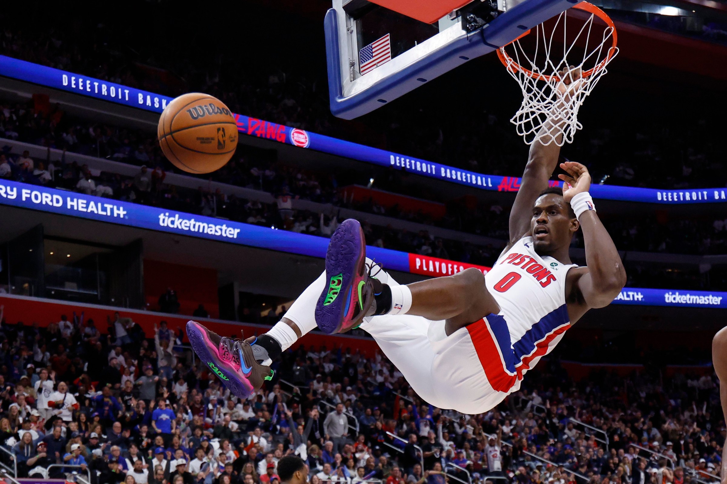 May 5, 2026; Detroit, Michigan, USA; Detroit Pistons center Jalen Duren (0) dunks in the second half against the Cleveland Cavaliers during game one of the second round of the 2026 NBA Playoffs at Little Caesars Arena. Mandatory Credit: Rick Osentoski-Imagn Images