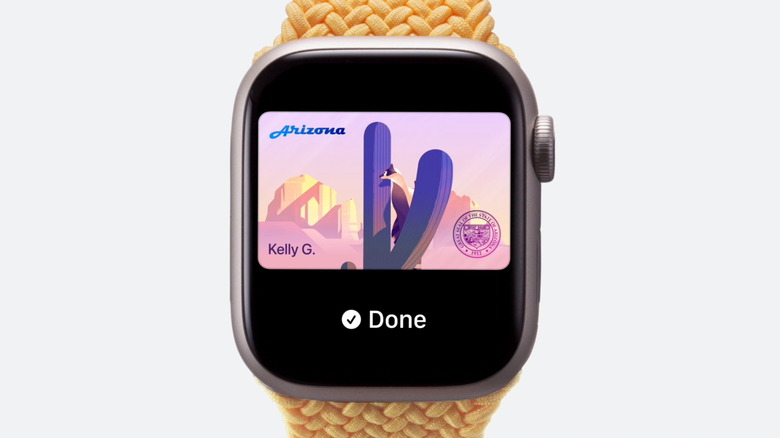 Digital version of an Arizona driver's license displayed on an Apple Watch.