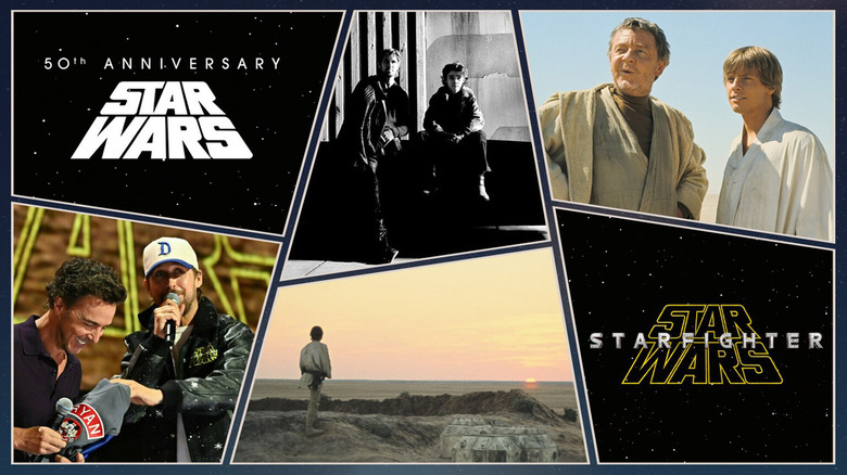 A collage showing the original Star Wars logos and scene with the original actors and the new Star Wars Starfighter