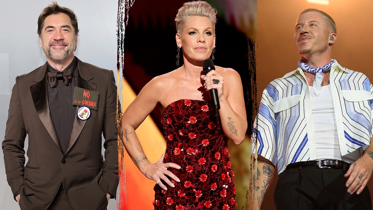 Javier Bardem attending the Vanity Fair Oscar Part; P!NK hosting the Annual Tony Awards at Radio City Music Hall in New York City; Macklemore performing live on stage during a concert festival.