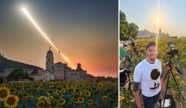 A composite image shows a solar eclipse sequence over a church and sunflower field, alongside a man standing in the field with his camera equipment.