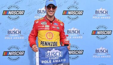 Joey Logano, driver of the #22 Shell Pennzoil Ford, poses for photos after winning the pole award during qualifying for the NASCAR Cup Series Cook Out Southern 500 at WWT Raceway on September 12, 2026 in Madison, Illinois. (Photo by Amy Kontras/Getty Images for NASCAR)