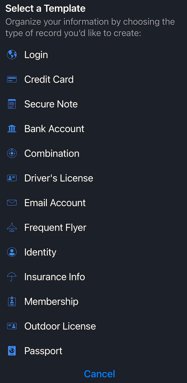 Select a Template mSecure password manager