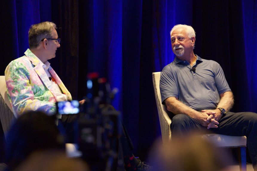 University of Florida provost Joseph Glover (left) and Nvidia cofounder Chris Malachowsky (right) discuss AI’s impact on education at the university’s A12 Summit on March 30, 2026.