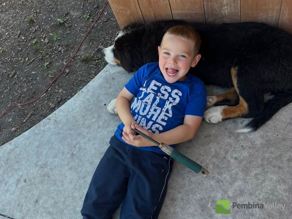 Maverick, precancer, laying on a dog