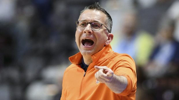 Connecticut Sun head coach Curt Miller argues a call during play against the Indiana Fever during a WNBA basketball game Friday, May 20, 2022, in Uncasville, Conn. (Sean D. Elliot/The Day via AP)