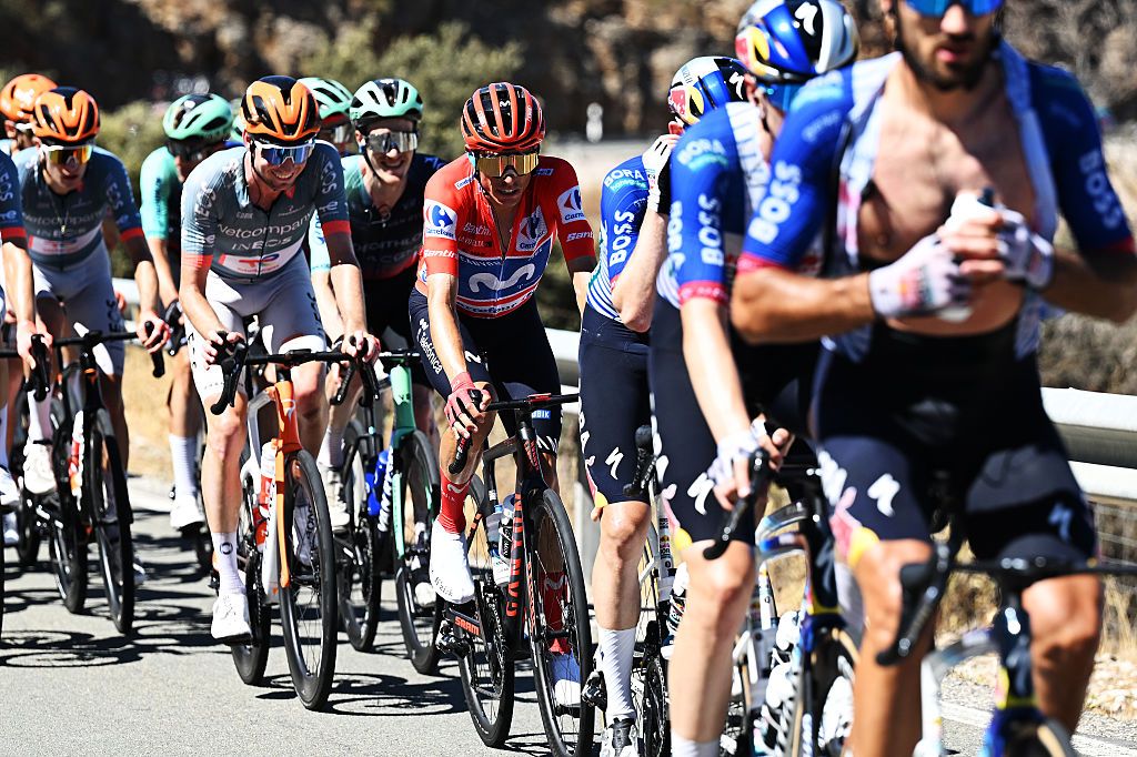 ESTEPONA&amp;#8203;, SPAIN - SEPTEMBER 11: Enric Mas of Spain and Movistar Team - Red Leader Jersey competes during the La Vuelta - 81st Tour of Spain 2026, Stage 19 a 210.8km stage from Velez-Malaga to Penas Blancas. Estepona 1274m / #UCIWT / on September 11, 2026 in Estepona, Spain. (Photo by Tim de Waele/Getty Images)