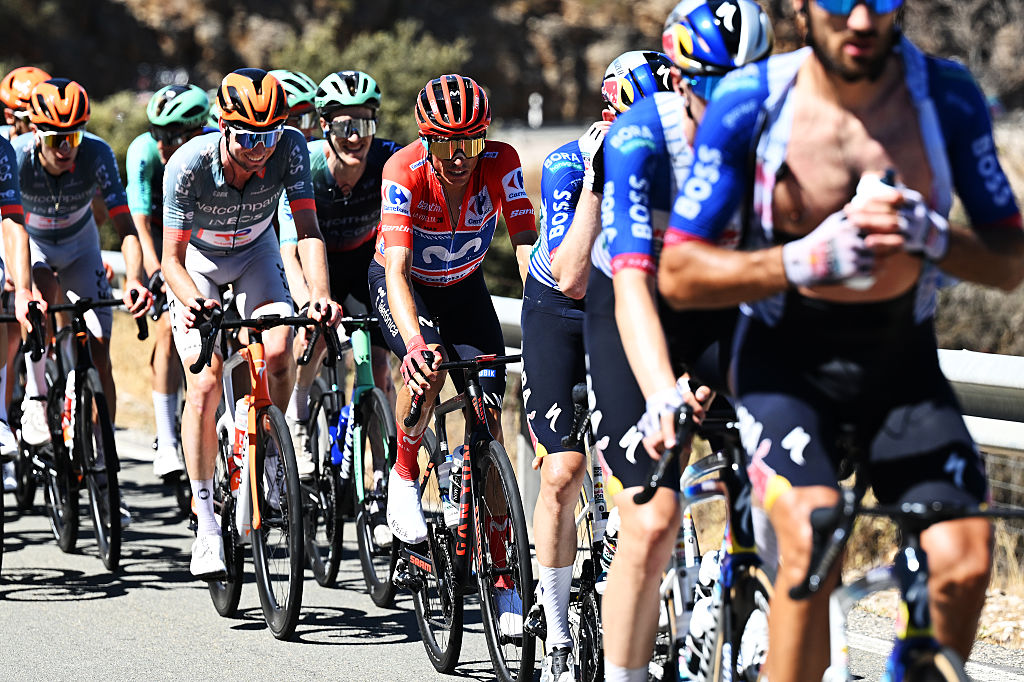 ESTEPONA​, SPAIN - SEPTEMBER 11: Enric Mas of Spain and Movistar Team - Red Leader Jersey competes during the La Vuelta - 81st Tour of Spain 2026, Stage 19 a 210.8km stage from Velez-Malaga to Penas Blancas. Estepona 1274m / #UCIWT / on September 11, 2026 in Estepona, Spain. (Photo by Tim de Waele/Getty Images)