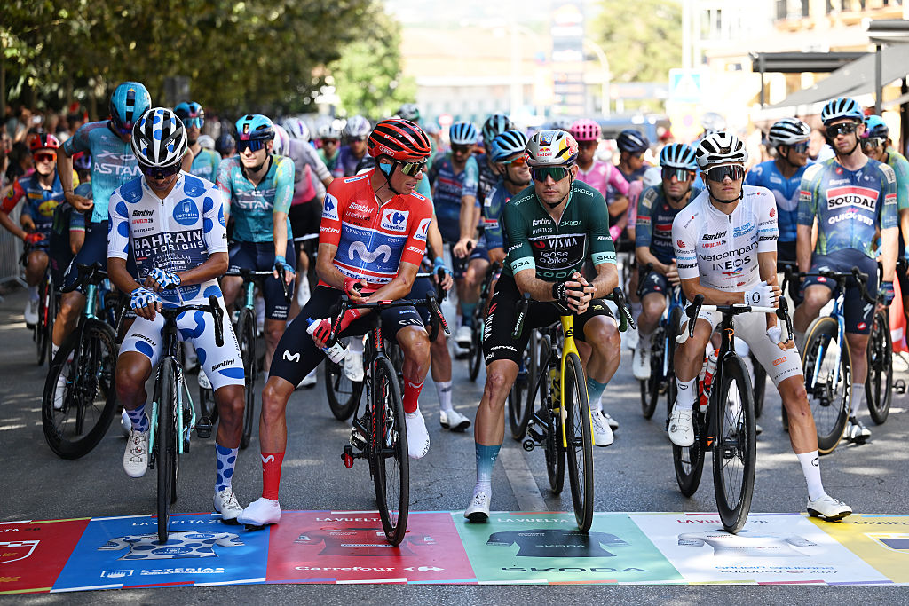 VELEZ-MALAGA​, SPAIN - SEPTEMBER 11: (L-R) Santiago Buitrago of Colombia and Team Bahrain Victorious - Polka dot Mountain Jersey, Enric Mas of Spain and Movistar Team - Red Leader Jersey, Wout Van Aert of Belgium and Team Visma | Lease a Bike - Green points jersey and Oscar Onley of Great Britain and Netcompany INEOS Cycling Team - White best young jersey prior to the La Vuelta - 81st Tour of Spain 2026, Stage 19 a 210.8km stage from Velez-Malaga to Pe&ntilde;as Blancas. Estepona 1274m / #UCIWT / on September 11, 2026 in Velez-Malaga, Spain. (Photo by Tim de Waele/Getty Images)