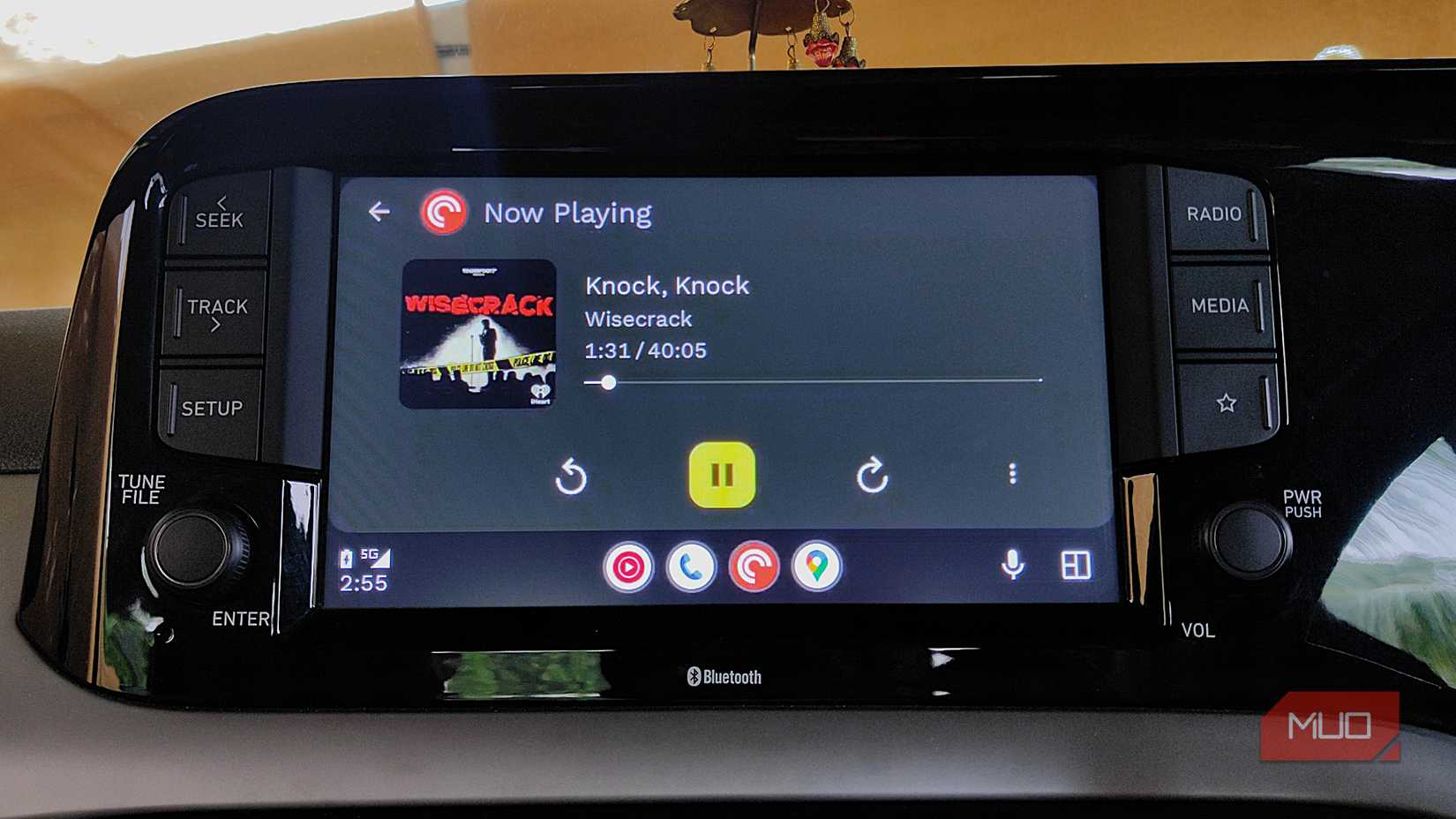 Pocket cast player screen with a podcast being played on Android Auto.