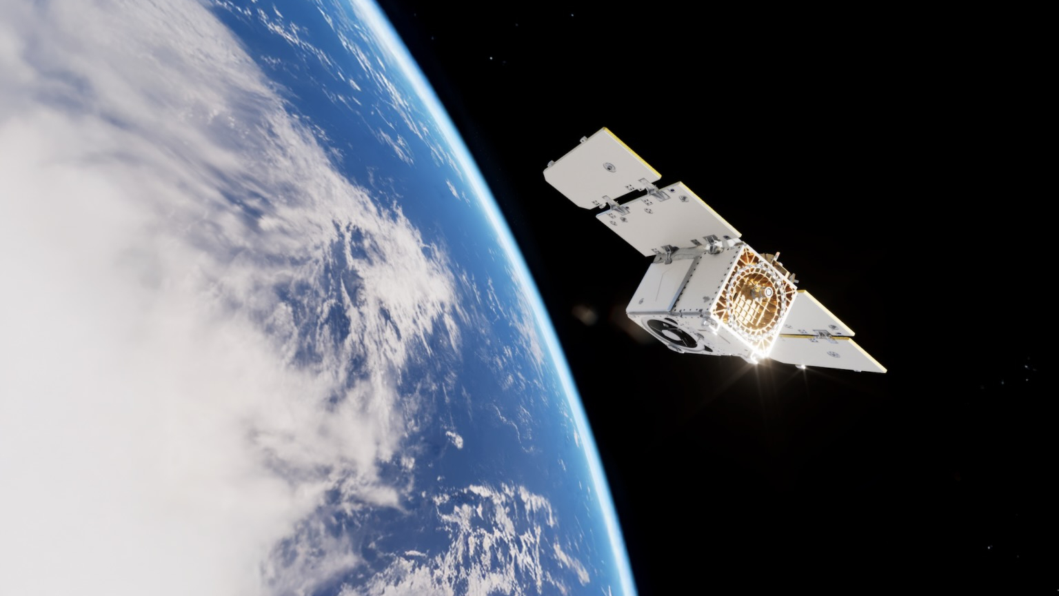 illustration of a white, boxy satellite high above earth
