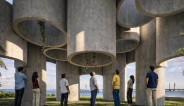 cut, rotated, and suspended concrete pipes create reusable pavilion in mumbai