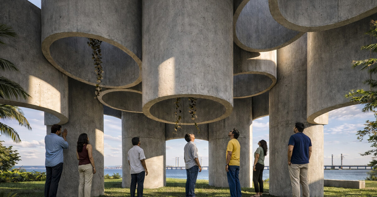 cut, rotated, and suspended concrete pipes create reusable pavilion in mumbai